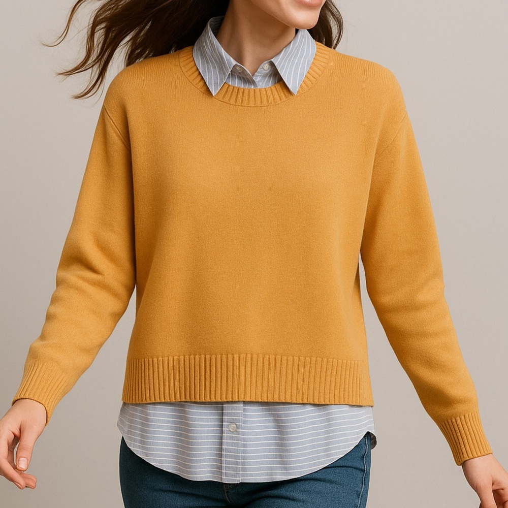 🆕Central Park West Mustard Knit Sweater Blue Striped Layered Shirt Collar Size S